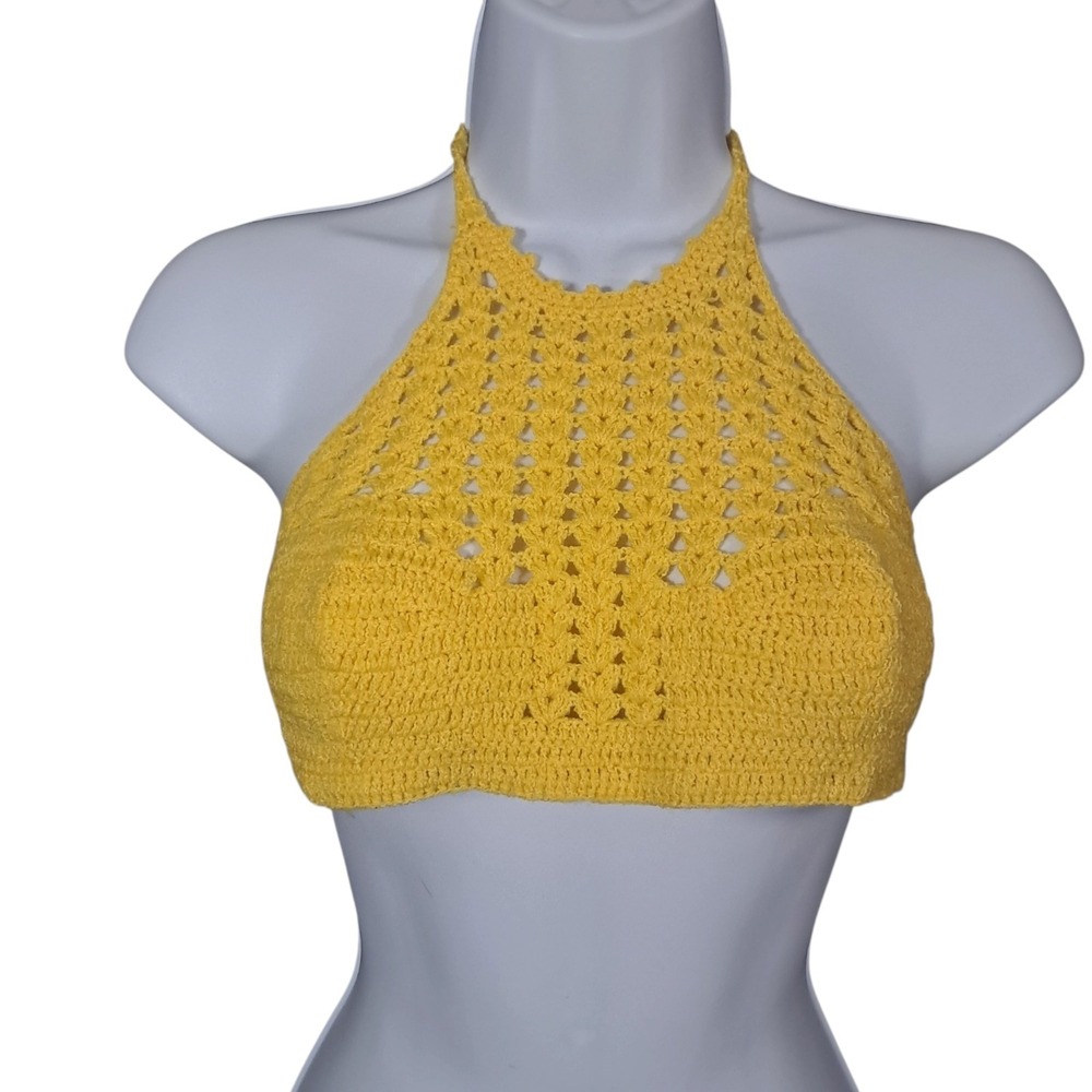 Vintage Crochet Bikini Top Golden Yellow Small High Tide Hippie Hula 70s Halter